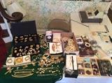 Tons of earrings, bracelets, neck, watches, rosary beads, rings, pins