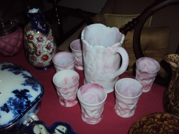 Slag glass water pitcher set. Please go the the link in this add and look at the over 300 photos