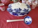Flow Blue Tureen and ladle both marked the same 