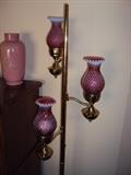 pole lamp with cranberry hobnail shades 