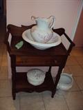 washstand with pitcher and bowl set. chamber pot has been damaged and glued