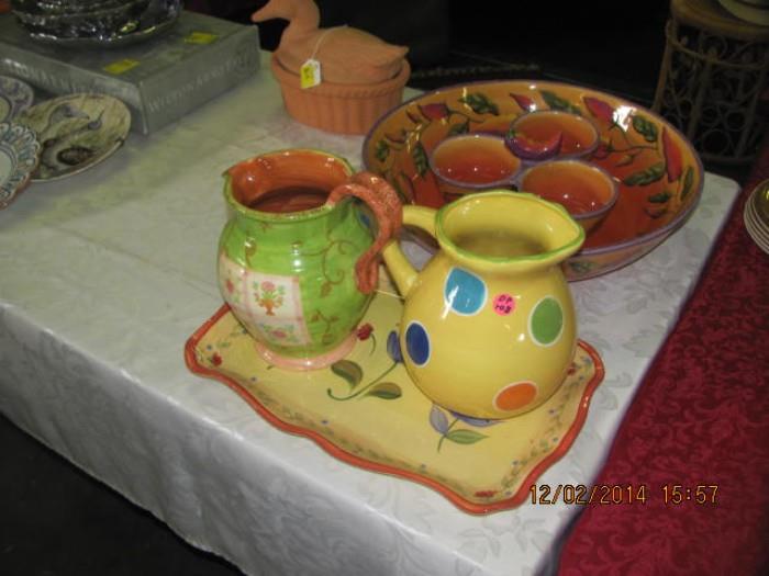 Pottery Pitchers and Serving Platter