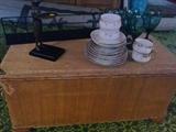 Wicker trunk, made of wood and covered with wicker.  German set of 4 cups, saucers, cake plates