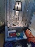 Glass lamp, vintag. Wood end table, white. 