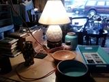 Shell lamp, wood items. 