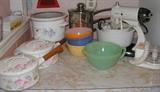 Sunbeam Mixer with accessories, Jadeite bowl, pottery bowls, japan cookware vintage