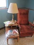Vintage velvet chair, end table, lamp