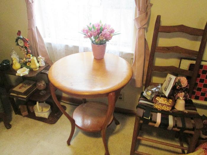 Oak parlor table, ladder back chair