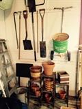 Yard tools, plant stand, ladder