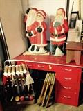Croquet set, red desk, Christmas figures, primitive stool