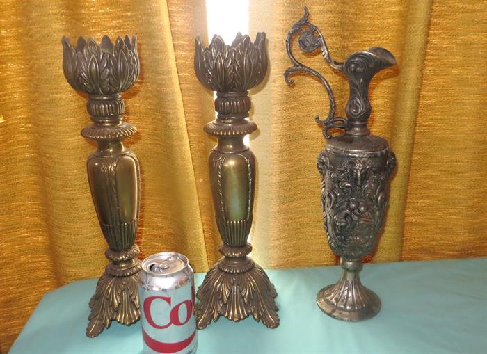 Candlesticks and fancy silver pitcher