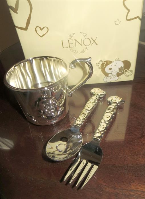 Lenox Snoopy baby cup and flatware