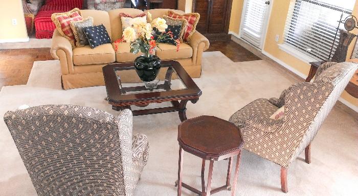 David W. Gilbert & Associates Sofa, wood and glass coffee table, 2 wing back chairs and occasional table 