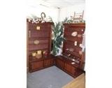 2 very pretty wood shelving units with contents