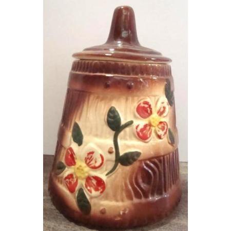 Lovely brown ceramic cook jar with red flowers