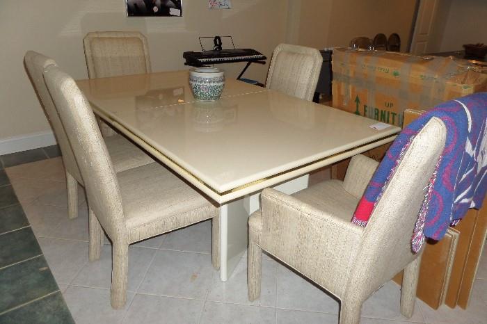 WOOD LACQUER TABLE WITH 2 LEAVES AND PADS 8 UPHOLSTERED CHAIRS