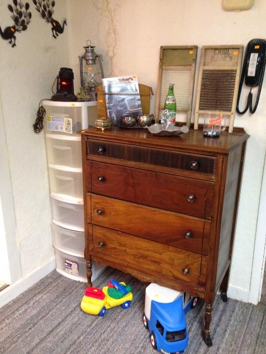 Refinished dresser, washboards, lamps and Little Tykes toys.