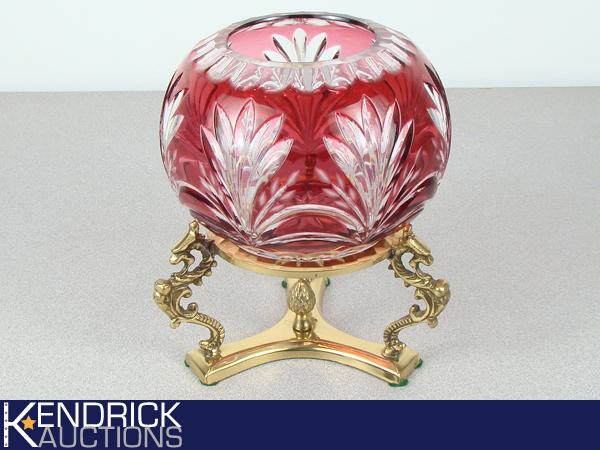 Large Vintage Red Bohemian Crystal Globe Dish on Brass Stand
