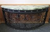 Magnificent Morgan Hill credenza/table with heavy ornate metal base, claw feet, rope trim, medallions, and a gorgeous green marble top