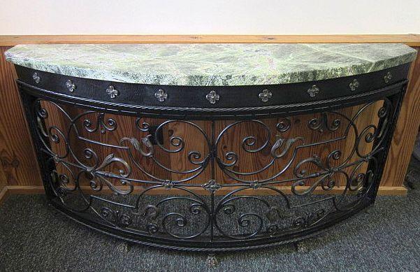 Magnificent Morgan Hill credenza/table with heavy ornate metal base, claw feet, rope trim, medallions, and a gorgeous green marble top
