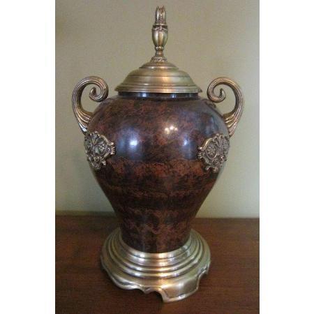 Gorgeous decorative metal urn with antique brass footed base and lid
