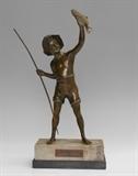 Lot 1020:  BRONZE FISHERBOY SCULPTURE: ''Ein Guter Fang'', old label marked von W. Iffland, 14 1/2'' h., 17'' overall. Est. $400/600**
CONDITION: Several chips to marblereplaced fishing pole, age appropriate wear to patina.