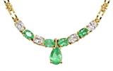 Lot 1017:  14K EMERALD AND SAPPHIRE NECKLACE WITH EMERALD ENHANCER PENDANT: One pear shaped mixed cut emerald (9 x 7 mm) and four oval mixed cut emeralds (7 x 5 mm.) All totaling approx. 4.65 Ct. The emeralds average VS in clarity, G hue, 3 tone and 3 in saturation. Four oval shaped mixed cut sapphires total approx. 4.5 Ct., rated VS in clarity and clear in color. Emeralds and sapphires are prong set. The pear shaped emerald is a detachable pendant. Weight 27.5 grams. Sold with 2011 Florida Diamond Appraisers GIA graduates appraisal for $3,950.