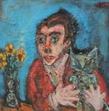 Lot 1021:  LEVE, Andre, (French, 1917- ): ''L'Enfant Au Chat'', Expressionist Portrait, Oil/Canvas, 23 1/2'' x 23 1/2'', signed upper right, signed on canvas verso, several exhibition labels, heavy carved and painted frame, 35 1/2'' x 35 1/2'', very heavy impasto. Est. $2000/4000**
CONDITION: Needs cleaning, frame has minor wear.