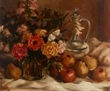 Lot 1067:  EXCEPTIONAL JAPANESE FLORAL STILL LIFE PAINTING: Circa 1930, Oil/Canvas, 20'' x 24'', signed in Japanese Script lower left, framed, 25'' x 29 1/2'' Est. $400/600**
CONDITION: Minor stretcher bar wear, small bit of cracklure, needs cleaning.