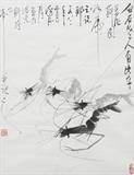 Lot 1076:  FINE CHINESE PAINTING OF PRAWNS OR SHRIMP: Watercolor, Sight size 22 1/2'' x 18 3/4'', chop marks lower left and right, newer frame 29'' x 25 1/2'', resembling the style and subject of Baishi. Est. $1000/2000**
CONDITION: Not laid, hinge mounted with tape on upper margins, visible staining.