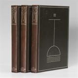 Lot 1101:  KENT, Rockwell, (American, 1882-1971): 3 volume ''Moby Dick or The Whale'' books by Herman Melville, published 1930 by The Lakeside Press. Embossed brown cloth covers, with original metal slip case. Each volume 12'' x 8 3/4'' x 1 1/2'', slip case 12'' x 8 7/8'' x 4 1/4''. Est. $4000/6000**
CONDITION: Minor abrasions to covers, toning and bleed through interior.