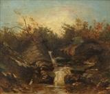 Lot 1175:  19th C. WATERFALL PAINTING SIGNED KENSETT: Oil/Board, 10 1/4'' x 12'', monogramed lower left, signed verso, ''#3, Secluded ?, New Hampshire, 1876'', newer frame, 14 1/2'' x 16''. Est. $800/1200**
CONDITION: Very heavily varnished, visible scattered inpaint, will need cleaning, sold as is.