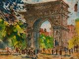 WASHINGTON SQUARE NYC BLAINE PAINTING: Watercolor on Japon paper, sight size 18'' x 24 1/2'', signed lower right, framed 28 1/2'' x 35''. Est. $800/1200**
CONDITION: Visible spotting, sold as is, not examined out of the frame, frame shows wear.