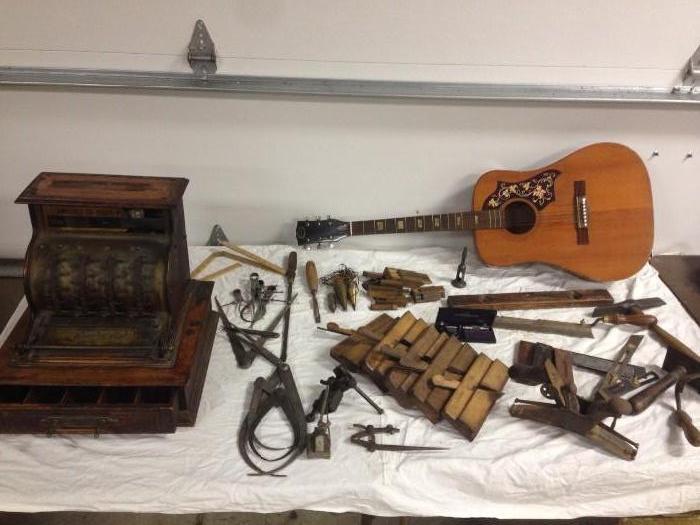 Antique Cash Register, Old Tools, Guitar
