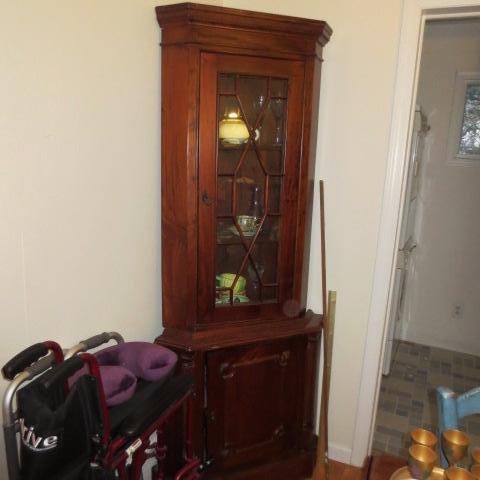 Cherry wood Canted top corner cabinet upper glass door with glazing bars