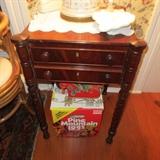 Federal style mahogany occasional table 30" high x 20: square 
two drawers with wooden knobs, cork screw style legs on ball feet, upper legs with ring turns 