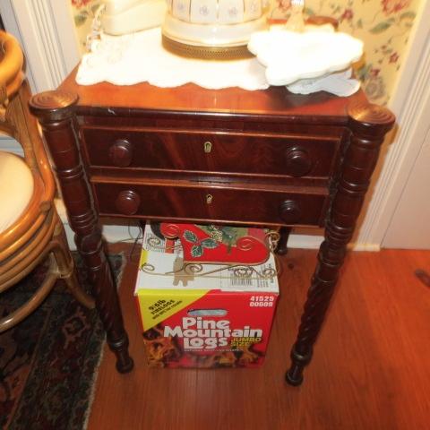 Federal style mahogany occasional table 30" high x 20: square 
two drawers with wooden knobs, cork screw style legs on ball feet, upper legs with ring turns 