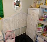 Twin Size White Wicker Headboard, Chest of Drawers, Wall Mirror
