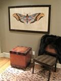 Fur jacket. Gabberts storage box. Large Butterfly Artwork.
