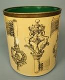 Lot 2:  PIERO FORNASETTI Vintage Waste Basket Trash Can. Metal form with images of antique keys. Italian. Marked.: Dimensions:  H: 11 inches: W: 10.25 inches --- US Shipping charge: $35