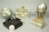 Lot 7:  5pc MAITLAND SMITH style Pieced Abalone Shell Table Objects. Iridescent Mother of Pearl/Abalone. Lidded Triangular Box. Egg on Stand. Rectangular Box. Sphere.: Dimensions:  H: 6.25 inches: W: 6.75 inches: D: 5.75 inches --- US Shipping charge: $50