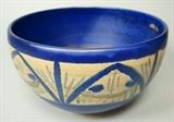 Lot 14:  DENMARK Art Pottery Bowl marked JAL. Cobalt Blue Glaze with decorative design. Incised mark. : Dimensions:  H: 5.5 inches: W: 9.5 inches --- US Shipping charge: $35