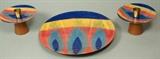Lot 23:  3pc JEANNINE DAOUST Enamel Center Bowl & 2 Candlesticks. Marked. Primary Colors with leaf motif.: Dimensions:  : W: 12 inches --- US Shipping charge: $35