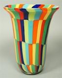 Lot 26:  Signed Murano Art Glass Vase. Multi Colored Tile Design. Marked with engraved signature, Murano: Dimensions:  H: 9.75 inches: W: 7.75 inches --- US Shipping charge: $35