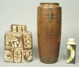 Lot 27:  3pcs Danish Art Pottery. Two pcs ROYAL COPENHAGEN Denmark. Tall Brown Glazed Vase with Chevron Details. : Dimensions:  H: 11.75 inches: W: 5.75 inches --- US Shipping charge: $35