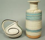 Lot 31:  2pcs Italian Art Pottery. 1. Tall Banded Vase with Neck; ROSENTHAL NETTER label. 2.  Signed Pitcher with black & green stripes.: Dimensions:  H: 12 inches: W: 5 inches --- US Shipping charge: $35