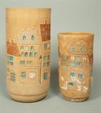Lot 32:  2pcs RAYMOR ITALY Terracotta Hand Thrown Vases. Pottery Vases with incised & glazed building design. Both marked. : Dimensions:  H: 11.5 inches: W: 6 inches --- US Shipping charge: $35
