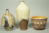 Lot 33:  3pc Lot Art Pottery. 1. Robt L. MORGAN Low Bowl with Owls design. Signed. 2. Egg Shaped Vase by Pottery Shack, Singleton. 3. Tall Glazed Vase with narrow neck, marked with artists cipher: HG. . . . . .  .: Dimensions:  H: 11 inches: W: 5.25 inches --- US Shipping charge: $35