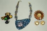 Lot 35:  Lot Mixed Costume Jewelry. Hattie Carnegie pin & matching earrings. Unsigned Miriam Haskell (attribution) chandelier pin. Large enamel pendant on beaded necklace. : Dimensions:   --- US Shipping charge: $9
