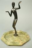 Lot 39:  Bronze HAGENAUER style Female Figure. Arms raised. Green Onyx Base. : Dimensions:  H: 9.75 inches: W: 7 inches --- US Shipping charge: $35